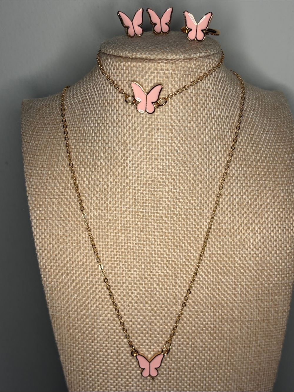 Pink Butterfly Gold-Tone Necklace, Bracelet Earring & Ring Set